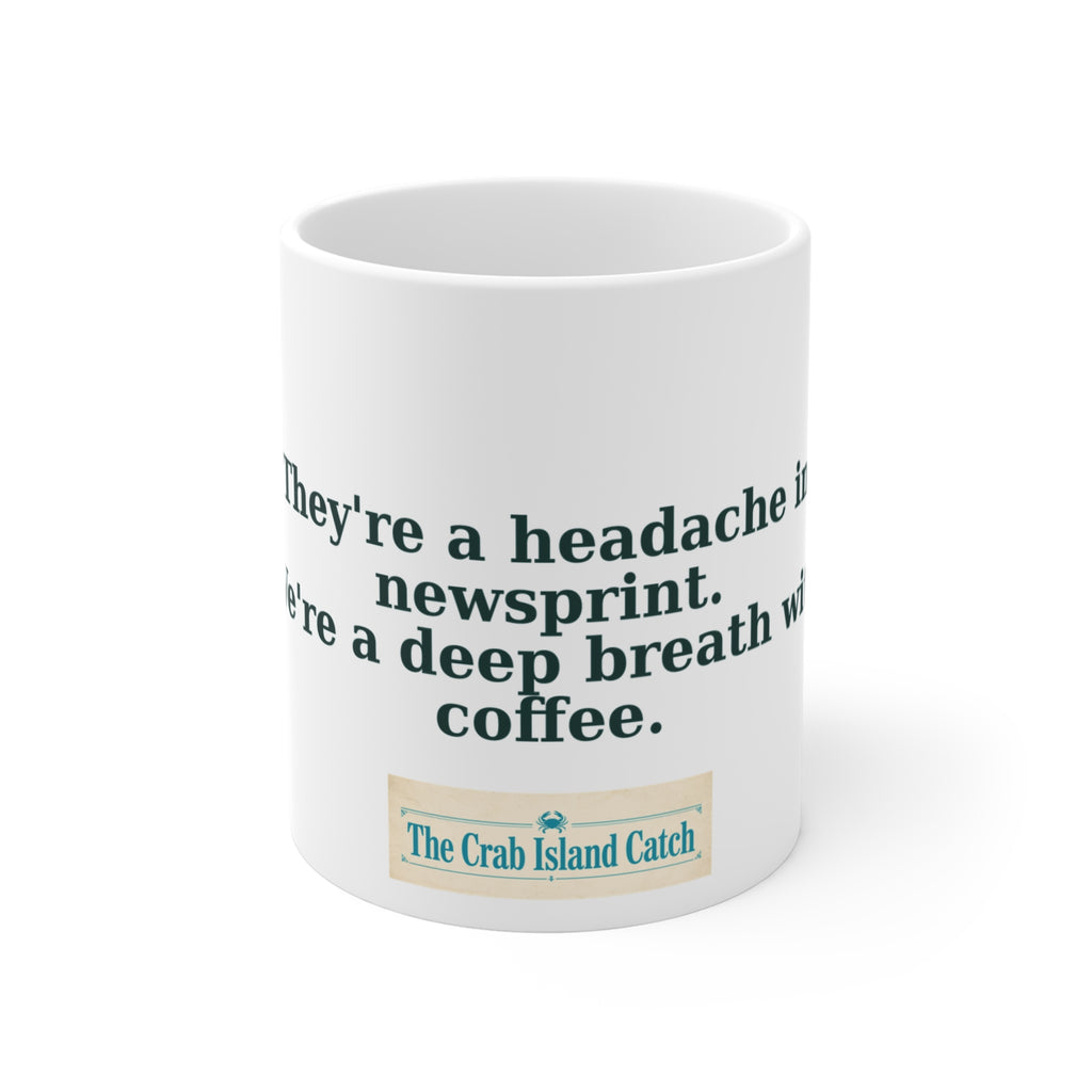 Headache in Newsprint Mug – The Crab Island Catch 11oz