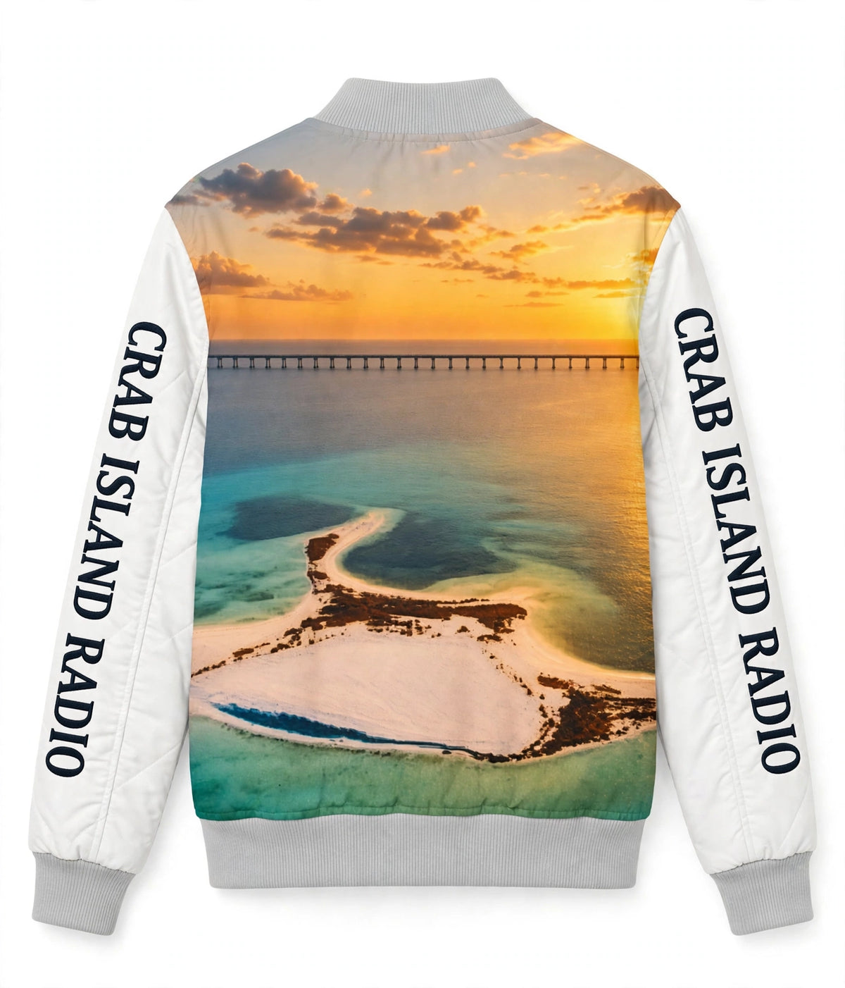 Women's Varsity Jacket (AOP) – Island Sunset (Words Sleeves)