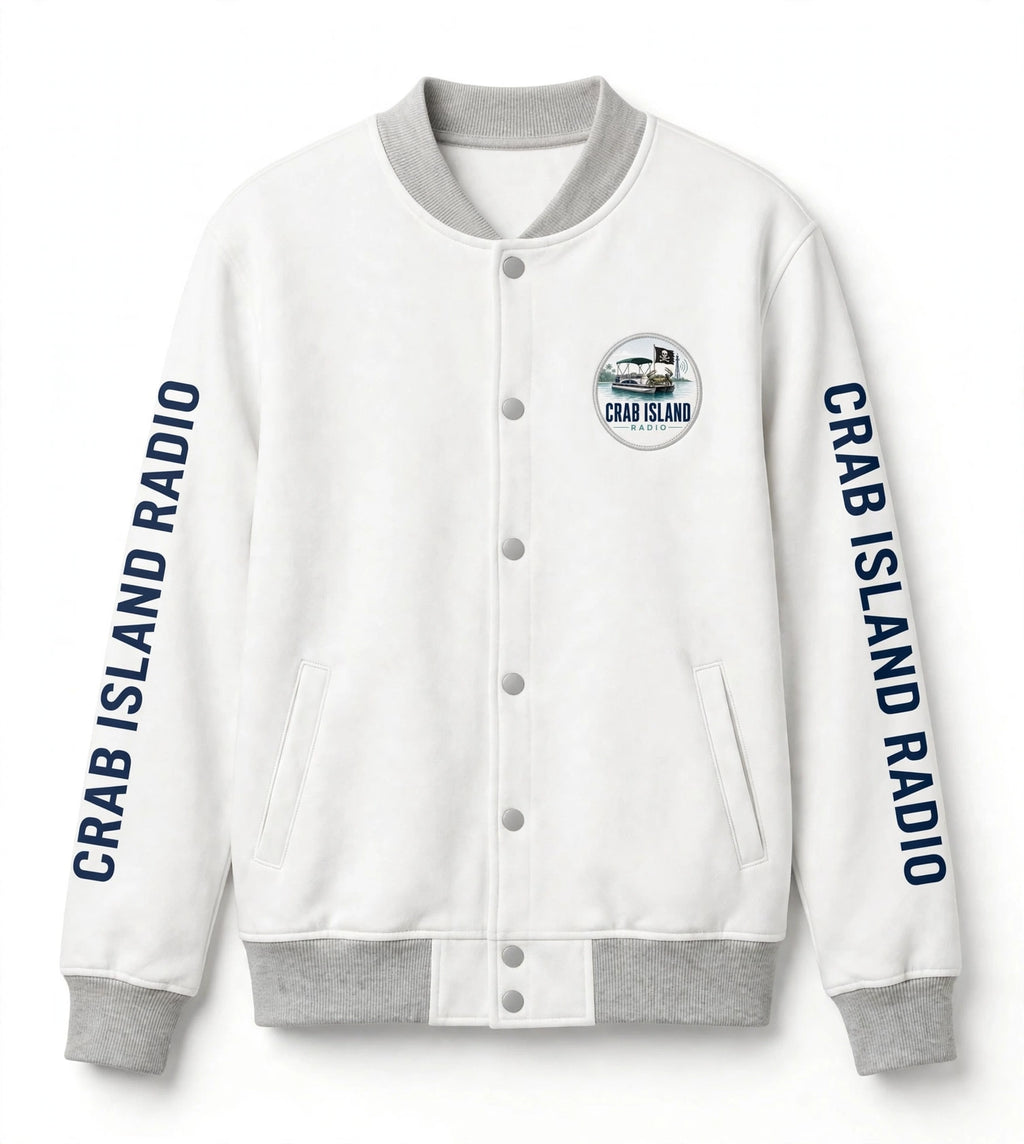 Women's Varsity Jacket (AOP) – Island Sunset (Words Sleeves)